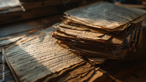 Aged manuscripts piled on a wooden table.