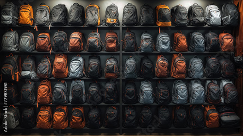 Wall display of assorted backpacks in store. photo