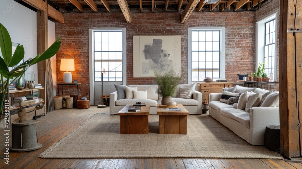 a living room with two couches, a coffee table and a potted plant in the corner of the room and a painting on the wall behind the couch. a living room with two couches, a coffee table and a potted plant in the corner of the room and a painting on the wall behind the couch.
