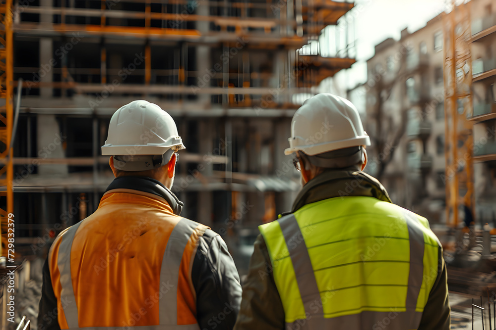 Construction Workers in Front of an Under Construction Building Construction Workers in Front of an Under Construction Building