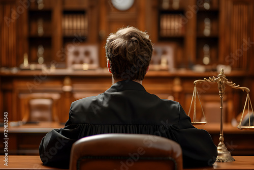 Man Sitting at the Judge's Table in a Courtroom in Back view photo