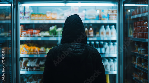 Person in hoodie browsing refrigerated goods aisle. photo