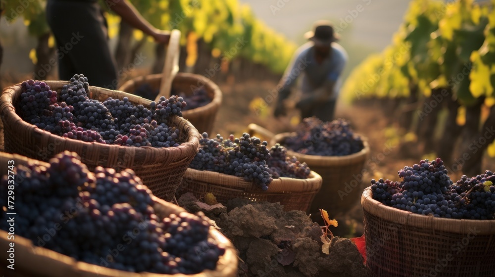 Baskets of Grapes During Vineyard Harvest - obrazy, fototapety, plakaty 