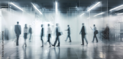 Blurred Motion of Busy People Walking in Modern Office Corridor