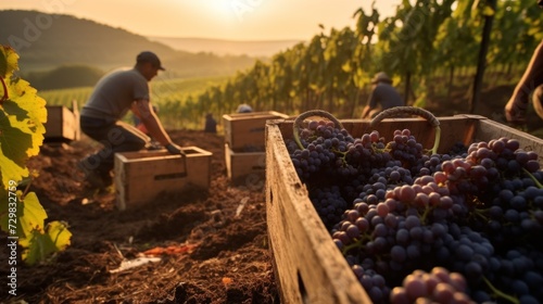 Baskets of Grapes During Vineyard Harvest photo