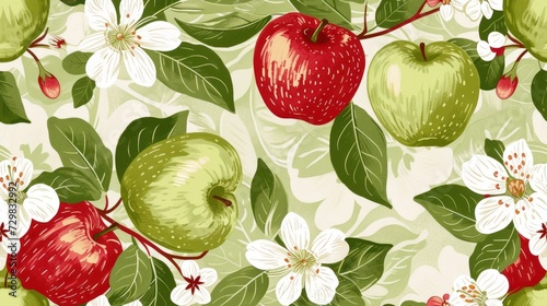  a pattern of apples with leaves and flowers on a light green background with white flowers and green leaves and red apples on a light green background with red and white.