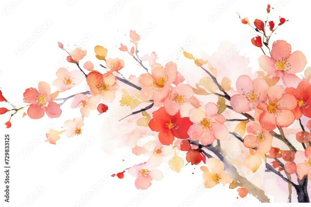 Fototapeta premium Abstract watercolor art background with pink red peach flowers and gold line. Botanical banner with watercolor paints with transparency effect for design, decor, poster, space texst 