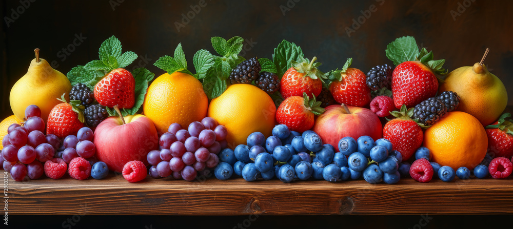 Fresh fruit spread with pears, apples, berries, and citrus, garnished with mint on a wooden backdrop,AI generated Fresh fruit spread with pears, apples, berries, and citrus, garnished with mint on a wooden backdrop,AI generated