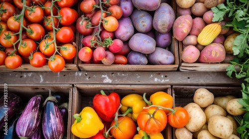  a variety of fruits and vegetables are displayed in wooden boxes on a shelf in a grocery store, including potatoes, tomatoes, eggplant, eggplant, and broccoli.