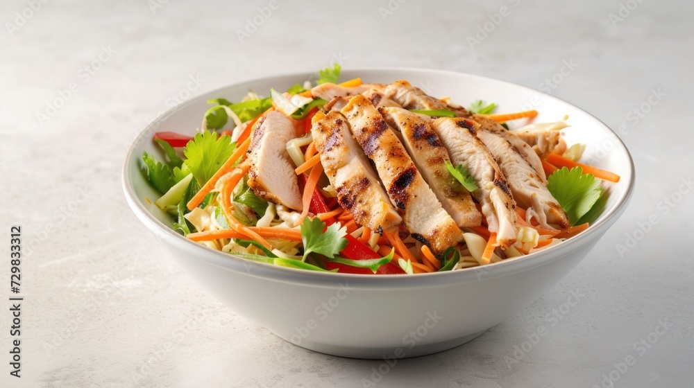 a salad with chicken, carrots, lettuce, and carrots in a white bowl on top of a white counter top of a white countertop. a salad with chicken, carrots, lettuce, and carrots in a white bowl on top of a white counter top of a white countertop.