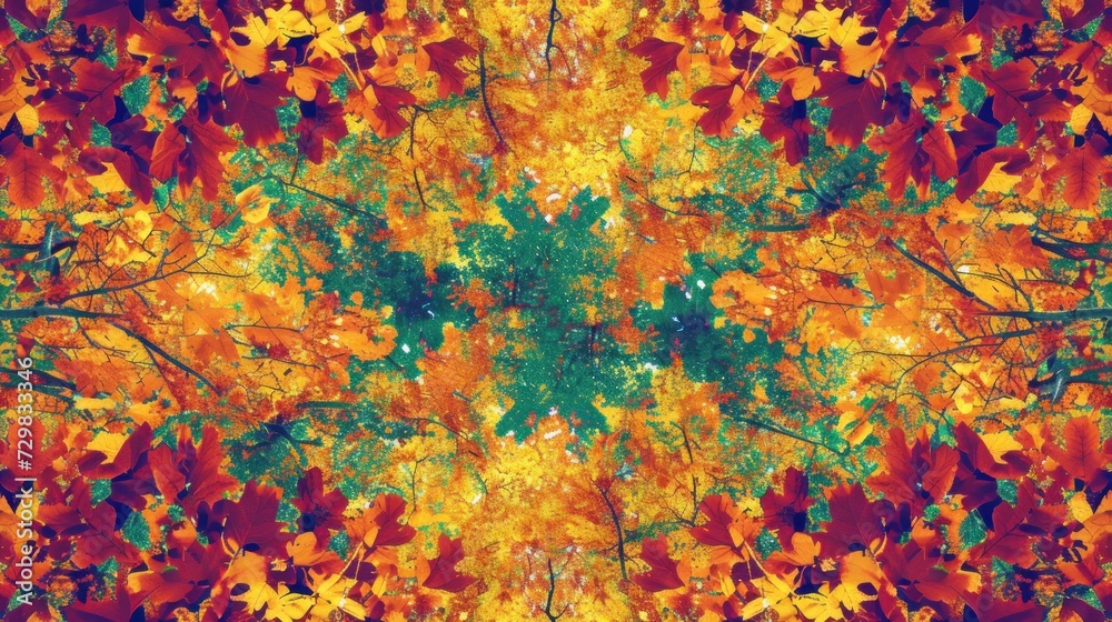 an image of a picture taken from the ground looking up at the leaves and the branches of a tree in the foreground, with a green, yellow, red, orange, red, and green, and yellow background. an image of a picture taken from the ground looking up at the leaves and the branches of a tree in the foreground, with a green, yellow, red, orange, red, and green, and yellow background.