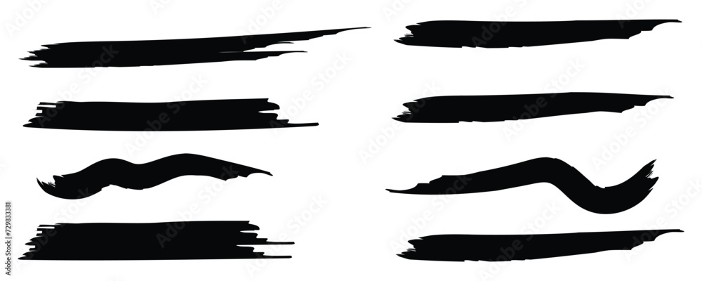 Lines hand drawn paint brush stroke. Vector set isolated on white. Collection of distressed, doodle, pen and pencil lines. Hand drawn scribble. Black border with white artboard.