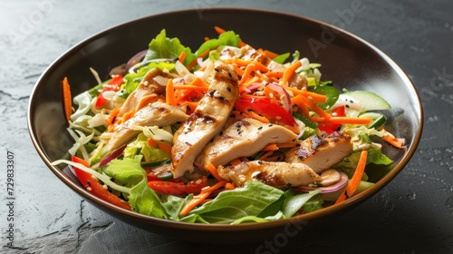  a salad with chicken, carrots, lettuce, and cucumbers in a brown bowl on a black table with a black table and white background.