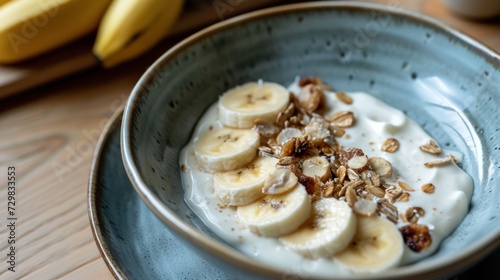  a bowl of yogurt with bananas and granola on a table next to a cup of coffee and a banana peel on the side of the bowl is on the table.