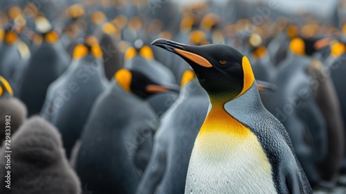  a group of penguins standing next to each other on top of a field of other black and white penguins in the background are yellow and gray ones with orange beaks.