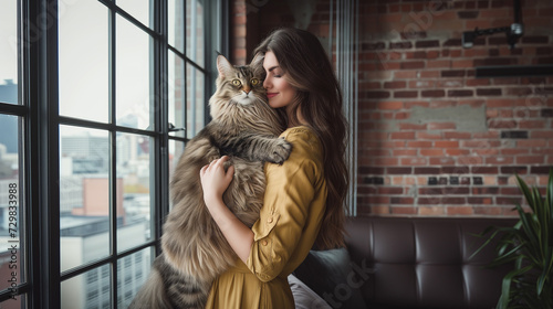 Affectionate Embrace, Woman with Majestic Cat, Sunset Serenity