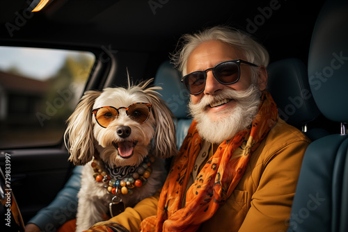 Happy old man with a dog in his car