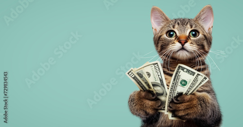 A funny financier cat holds banknotes in his paws.