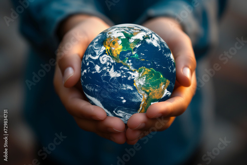 Human hands gently holding a small globe, symbolizing the need for environmental care and global responsibility.