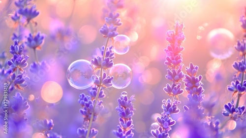  a bunch of soap bubbles sitting on top of a bunch of lavender flowers in front of a bright blue sky with the sun shining down on the top of the bubbles.