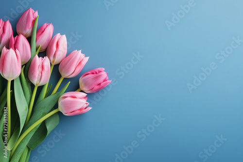 Bunch of pink tulip spring flowers on side of blue background with copy space photo