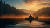 A fisherman at dawn on a quiet lake, casting a line into the water from a small boat