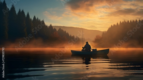 A fisherman at dawn on a quiet lake, casting a line into the water from a small boat