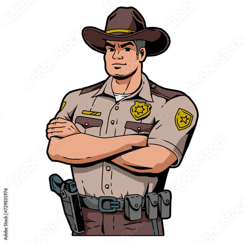Texas police sheriff with his arms crossed, vector, logo, cartoon, mascot, character, illustration
