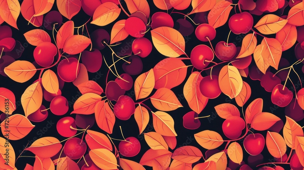 a bunch of cherries on a branch with leaves on a black background with a red and orange color scheme in the center of the image is an orange color scheme. a bunch of cherries on a branch with leaves on a black background with a red and orange color scheme in the center of the image is an orange color scheme.