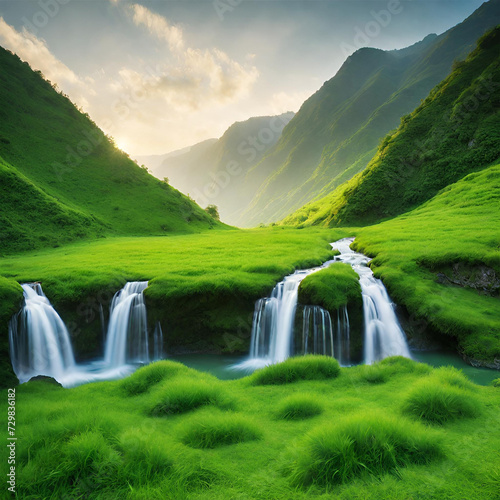 Green grass and flowing waterfall all around amidst the mountains. Beautiful view in the morning