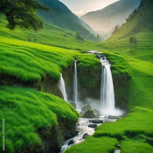 Green grass and flowing waterfall all around amidst the mountains. Beautiful view in the morning