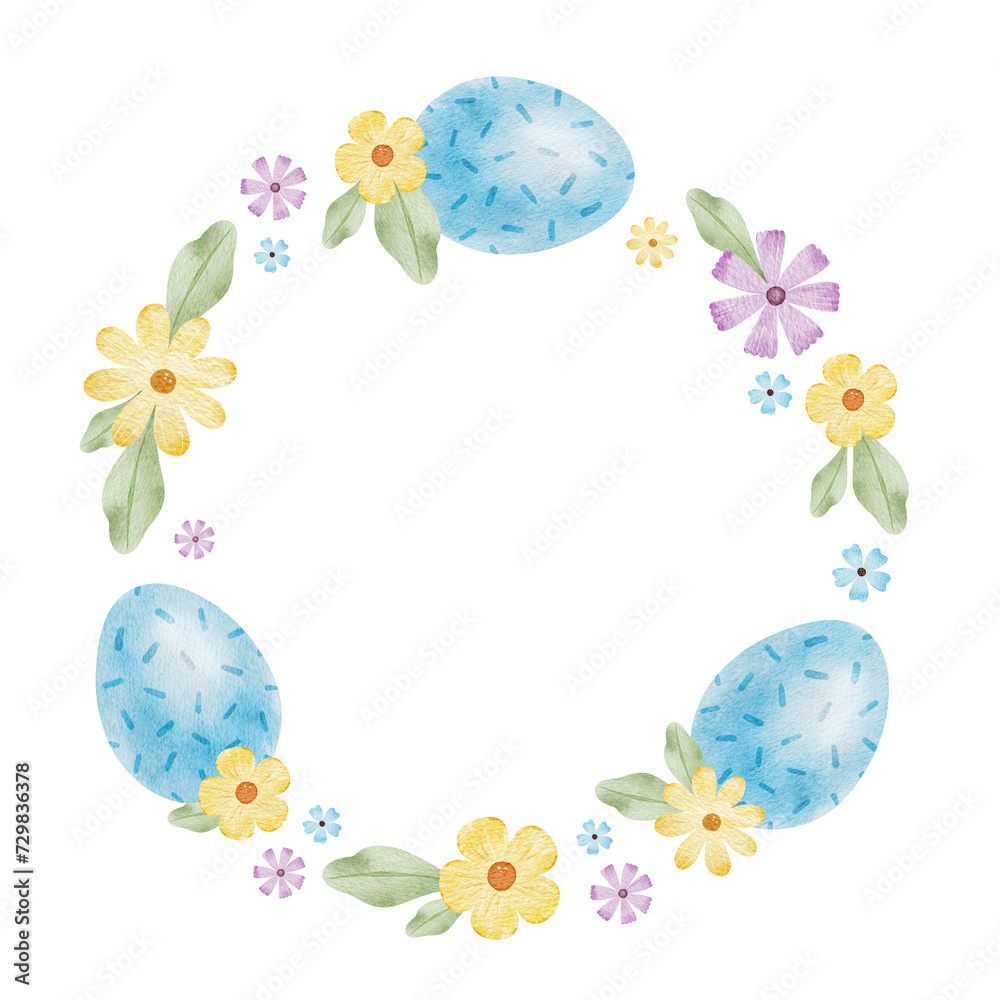 Frame of cute colorful Easter eggs, flowers and leaves. Paschal Concept with blue Easter Eggs. Isolated watercolor illustration. Template for Easter cards, covers, posters and invitations.