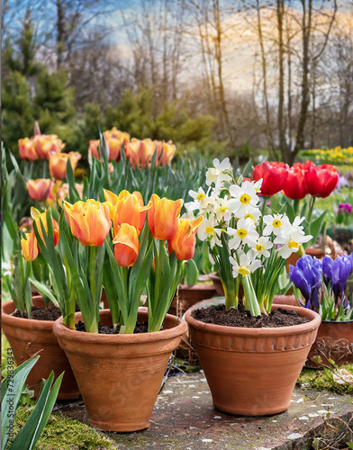 Spring decoration, tulips, daffodils, crocuses in wedge baskets on the background of a spring garden photo