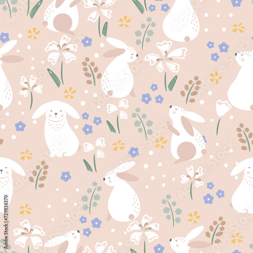 Lovely bunny with flowers. Seamless rabbit pattern