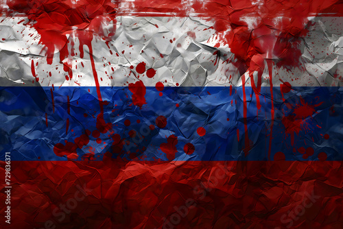 Russian flag covered with blood splatter fill-frame close view. Neural network generated in January 2024. Not based on any actual scene.