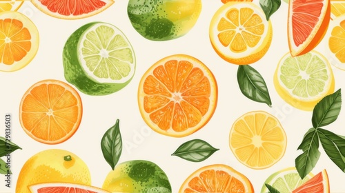  a bunch of oranges, lemons, limes, and limes on a white background with green leaves and watermelon on the side of the top.