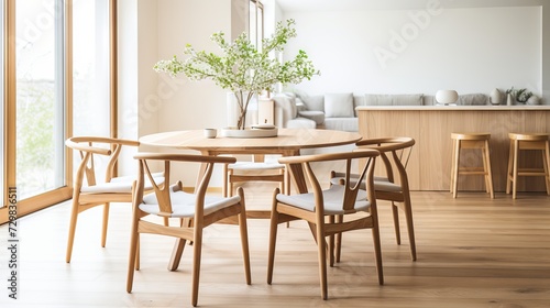 Japandi living room with beige chairs and rustic wood table