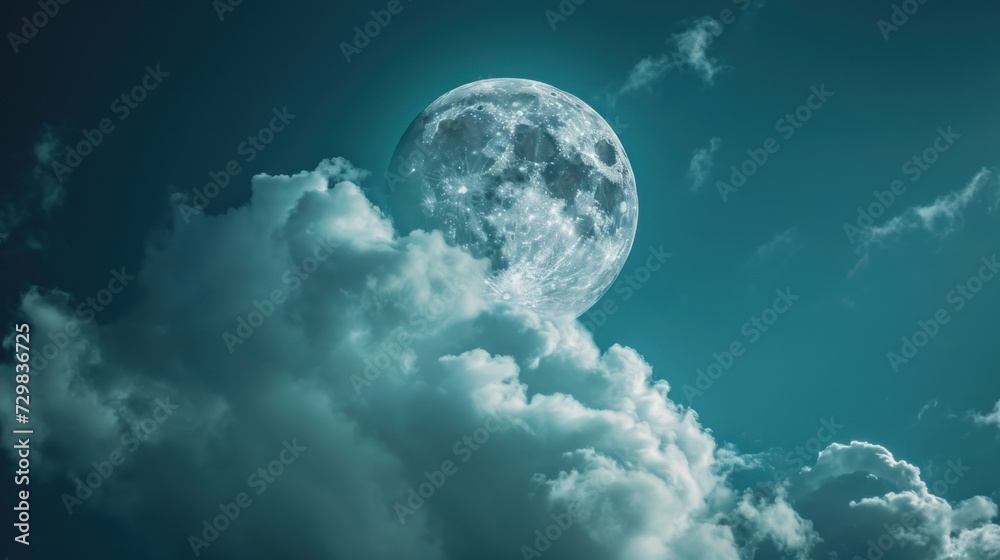  an image of a full moon in the sky with clouds in the foreground and a blue sky with a few clouds in the foreground and a full moon in the middle.