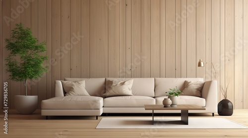 Beige corner sofa in a modern living room with wooden paneling wall