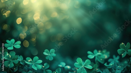  a group of four leaf clovers in front of a green background with boke of light coming out of the top of the leaves and the top of the leaves.