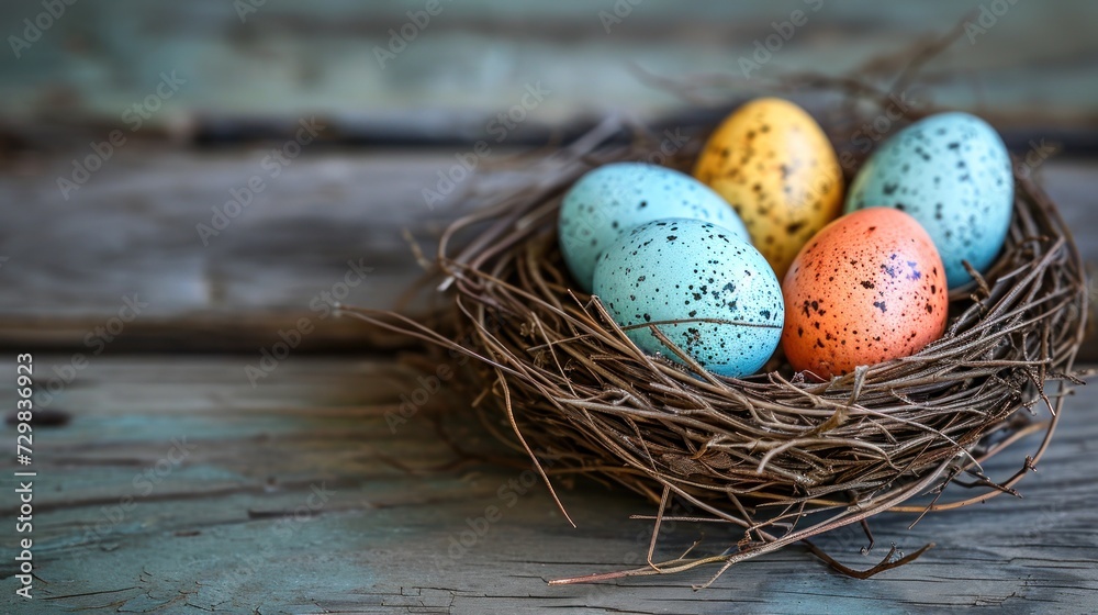 a bird nest filled with colored eggs on top of a wooden table next to a brick wall and a wooden planked wall behind the eggs are painted with speckled brown speckles and speckles. a bird nest filled with colored eggs on top of a wooden table next to a brick wall and a wooden planked wall behind the eggs are painted with speckled brown speckles and speckles.