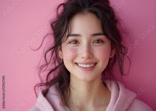 Young beauty Asian girl model with colorful sweatshirt in professional colorful photo studio background