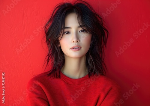 Young beauty Asian girl model with colorful sweatshirt in professional colorful photo studio background