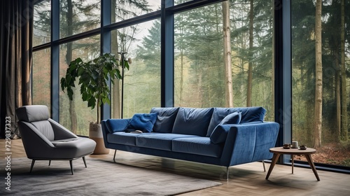 Modern living room with blue sofa and chair, floor to ceiling window, and forest view in Scandinavian style