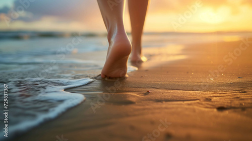 close up of the bare feet of a person walking on beautiful beach sand, therapy and reduce stress in living and investing and doing business