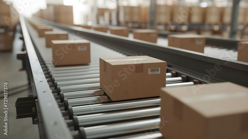 cardboard box packages or products waiting for delivery moving along a conveyor belt in a warehouse