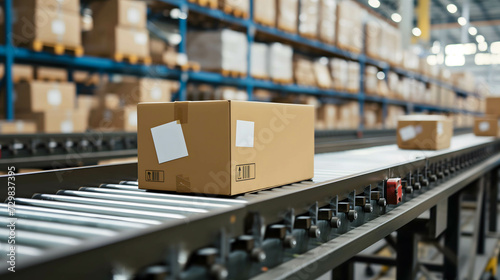 cardboard box packages or products waiting for delivery moving along a conveyor belt in a warehouse