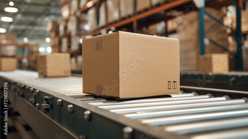 cardboard box packages or products waiting for delivery moving along a conveyor belt in a warehouse © Slowlifetrader
