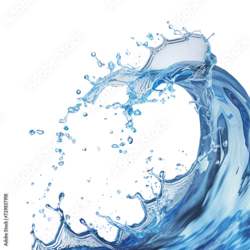Isolated white water splash with blue waves, refreshing drops, and transparent liquid, portraying the essence of clean and fresh nature in a captivating motion