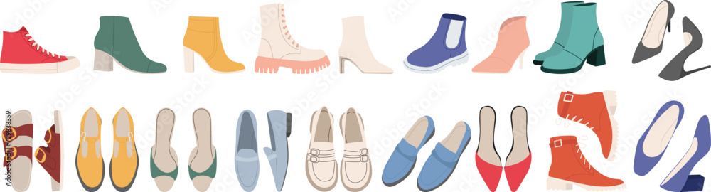 women's shoes set, in flat style vector - obrazy, fototapety, plakaty 